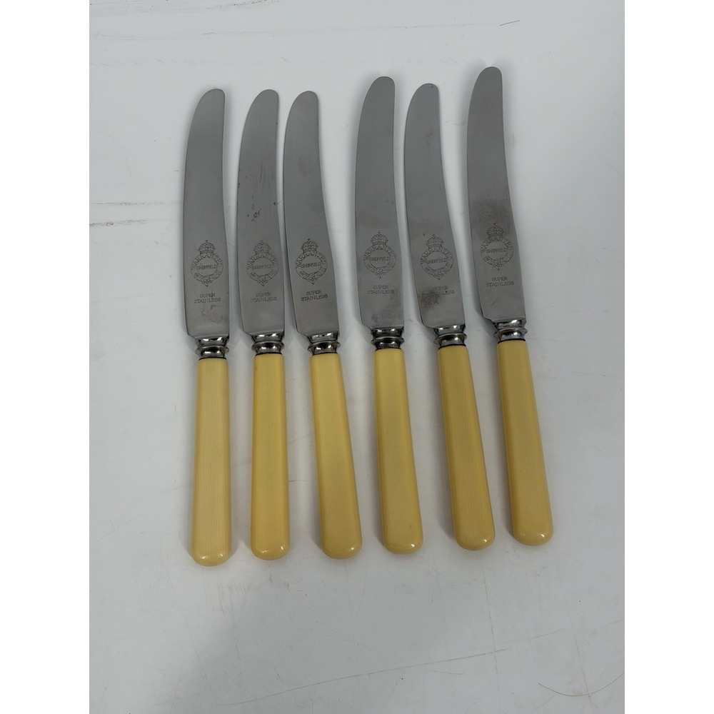 Vintage Sheffield Dinner Knives Set 6 Yellow Handle MCM Retro Flatware